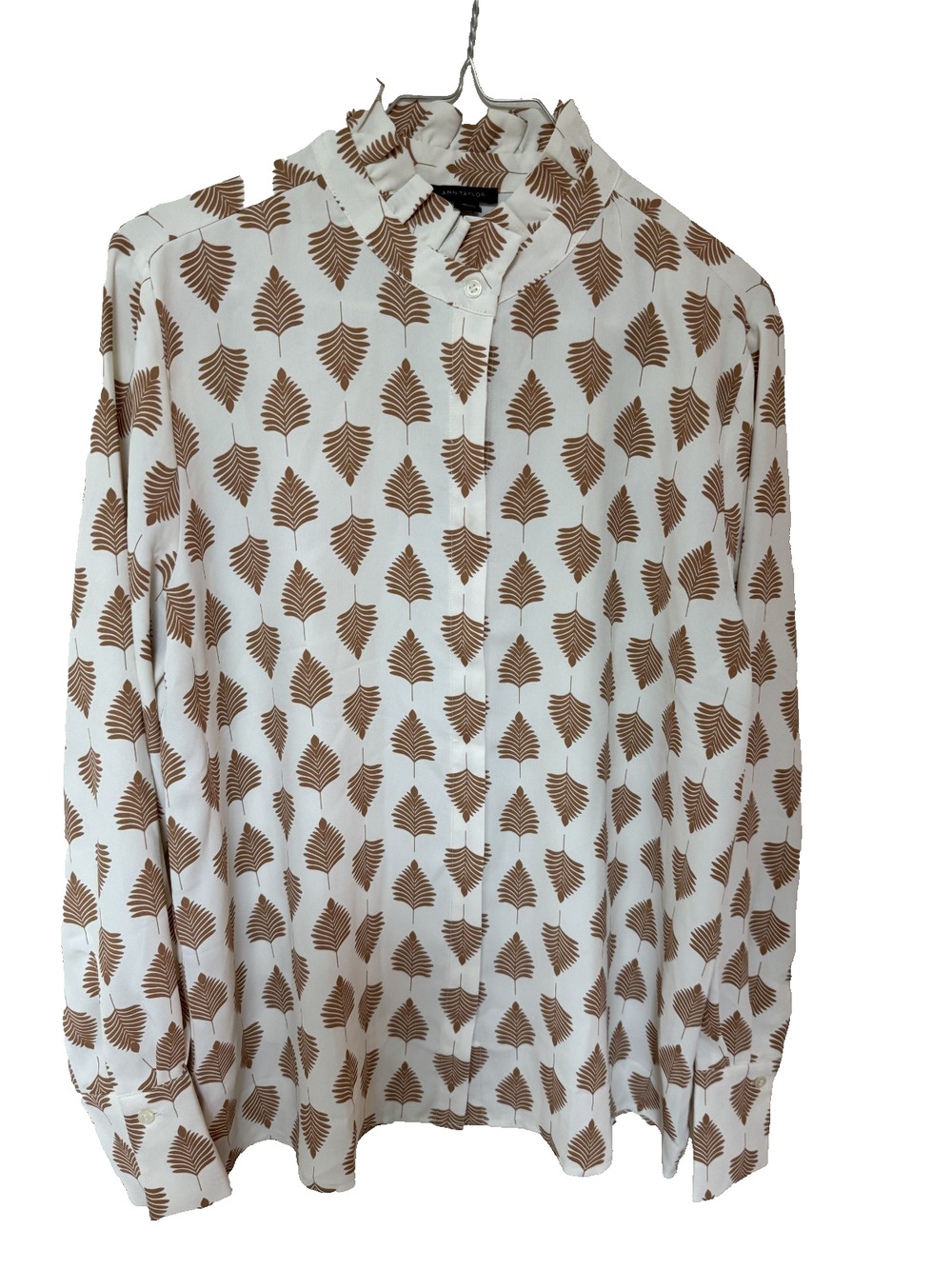 Ann Taylor Brown Palm Leaf Print Blouse Size M Fall Workwear Office Ruffle Neck